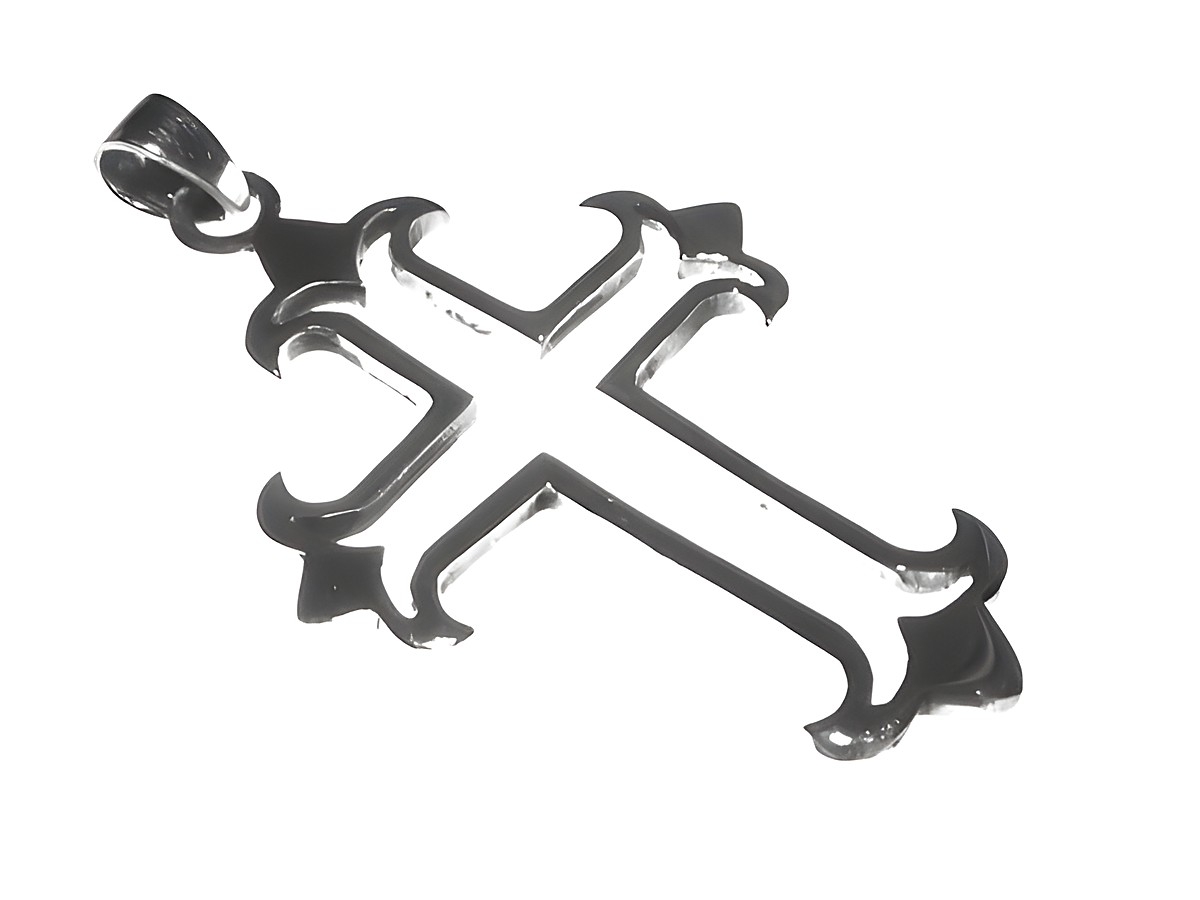 Ritterliches Sterling Silber Kreuz als Anhänger - 45 mm, Hersteller: Juwelier Harnisch, schlichtes Design mit geschwungenen Enden und glänzender Oberfläche.