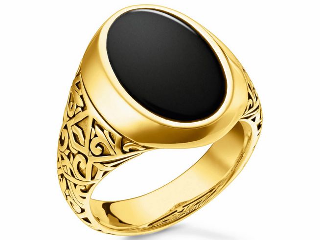 Thomas Sabo Ring TR2242-177-11-62 aus Sterling Silber, gelbgold vergoldet mit schwarzem Onyx, Größe 62, präsentiert ein elegantes Design mit filigranen Mustern.