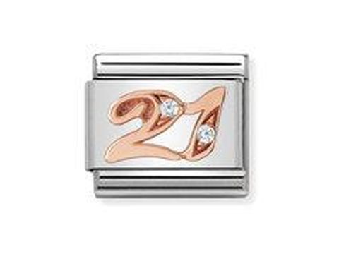 Zahlenarmband mit der Zahl 21 in rosegoldenem Design und zwei kleinen Zirkonia-Steinen, gefertigt aus Edelstahl, Hersteller Nomination, für individuelle Schmuckgestaltungen geeignet.