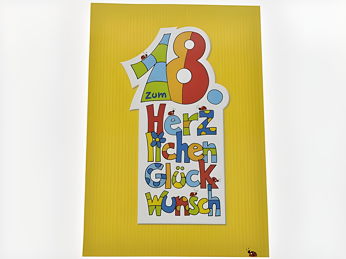 Bunte Geburtstagskarte für den 18. Geburtstag mit fröhlichem Schriftzug „Herzlichen Glückwunsch“ auf gelbem Hintergrund, hergestellt von Juwelier Harnisch.