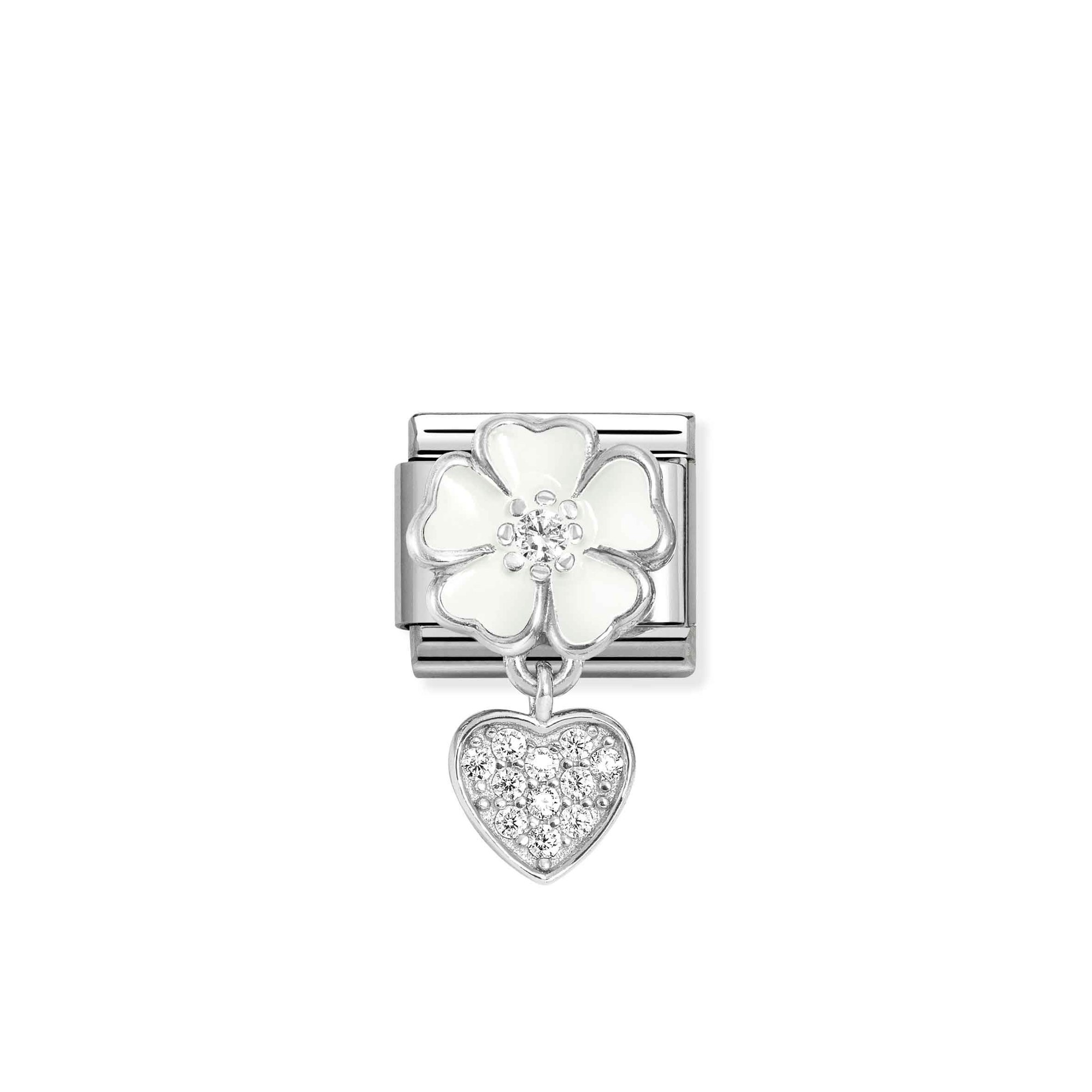 Nomination Composable Classic Charm Blume weiß Herz - Edelstahl, Sterling Silber, Emaille, Zirkonia