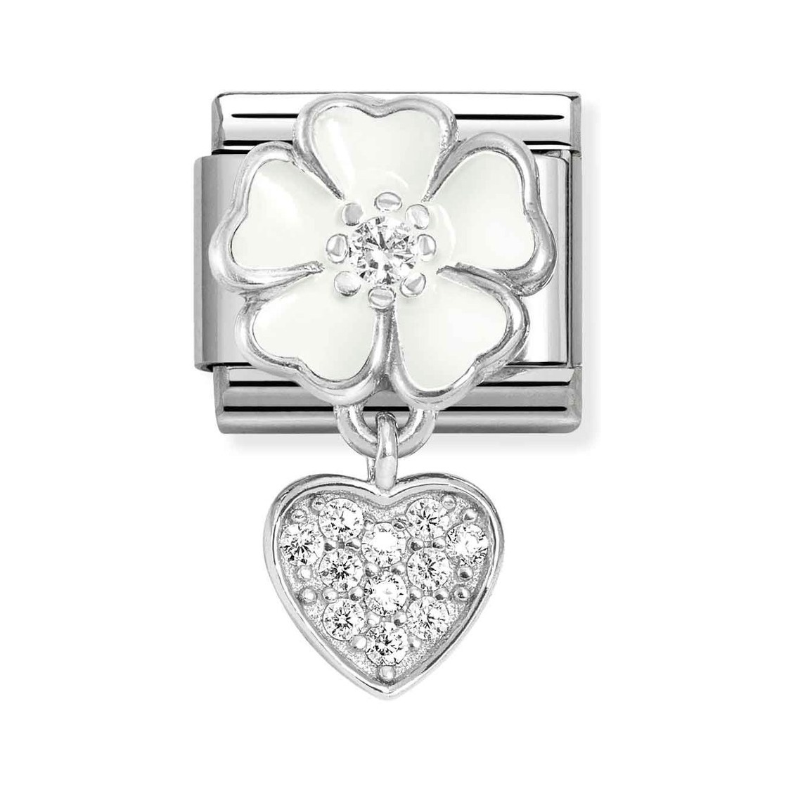 Nomination Composable Classic Charm Blume weiß Herz - Edelstahl, Sterling Silber, Emaille, Zirkonia