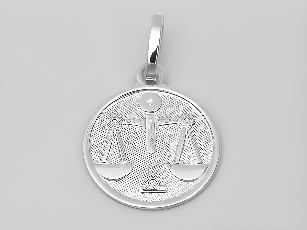 Polierter Anhänger aus 585 Weißgold mit dem Sternzeichen Waage, Durchmesser 14 mm, hergestellt von Juwelier Harnisch, zeigt eine stilisierte Waage.