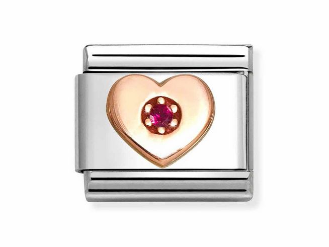 Zirkonia Anhänger in Herzform, rot, umrandet von Roségold, auf einem Edelstahlband, von Nomination, ideal für persönlichen Schmuck.
