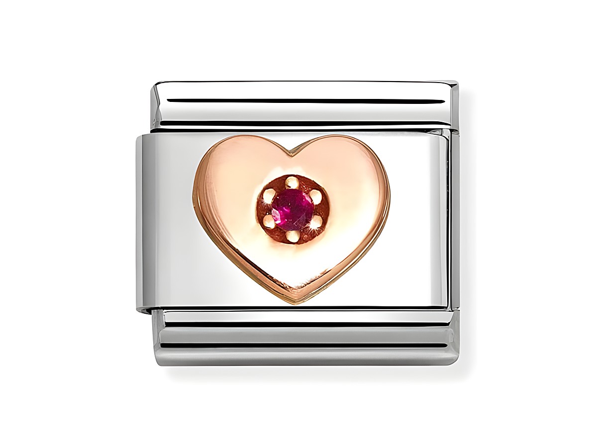 Zirkonia Anhänger in Herzform, rot, umrandet von Roségold, auf einem Edelstahlband, von Nomination, ideal für persönlichen Schmuck.