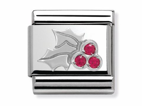 433031303-0 Mistelzweig Anhänger aus Silber mit drei roten Steinen, elegant und festlich gestaltet, ideal für das Nomination Silvershine Armband, verleiht jedem Outfit einen besonderen Akzent.