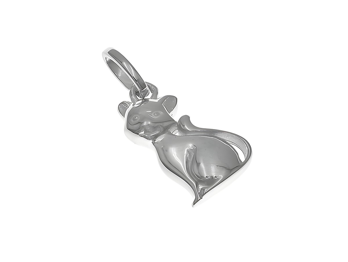 Anhänger aus poliertem rhodinierten Sterling Silber in Katzenform, hergestellt von Juwelier Harnisch, geeignet für Kinder.