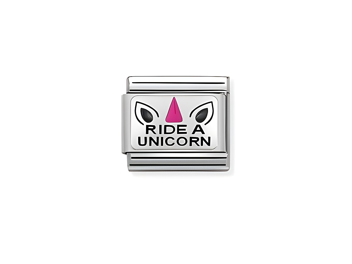 Motiv der NOMINATION Classic Emaille SilverShine 330208 mit der Aufschrift Ride a unicorn und stilisierten Einhorn-Elementen in Schwarz und Rosa.