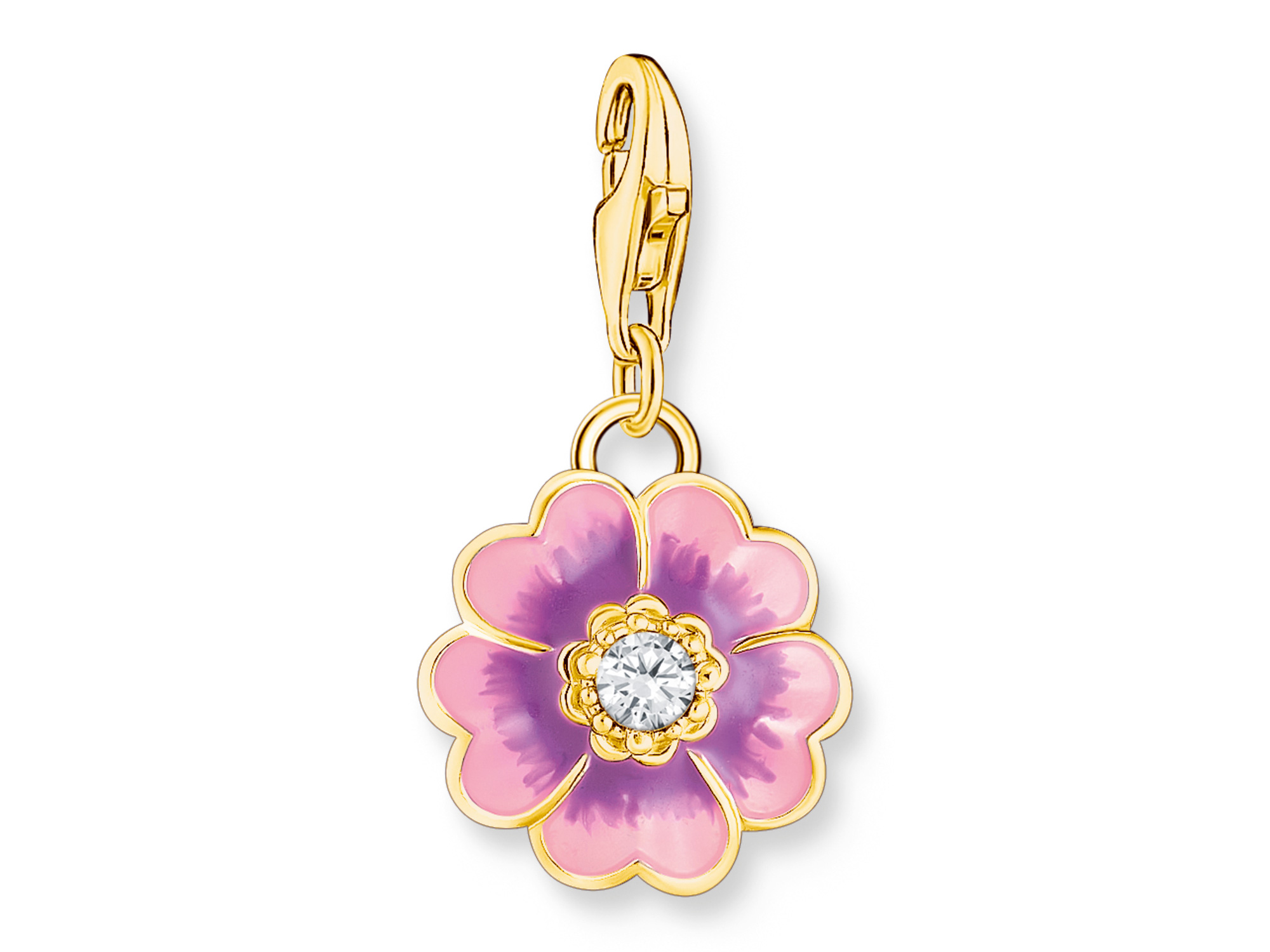 Charm-Anhänger von Thomas Sabo in Form einer bunten, rosa Blume mit einem glitzernden Stein in der Mitte, aus steril vergoldetem Material, ideal für modische Akzente.