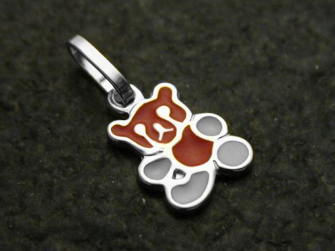 Teddy emaillierter Sterling Silber Anhänger für Kinder von Juwelier Harnisch, süßes Bärenmotiv in Rot und Grau, ideal als Schmuckstück für junge Mädchen.