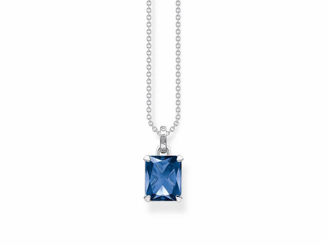 Kette von Thomas Sabo aus Silber mit einem blauen Oktagon aus Glas-Keramik, Länge von 40 bis 45 cm, klassisches Design mit Anhänger.
