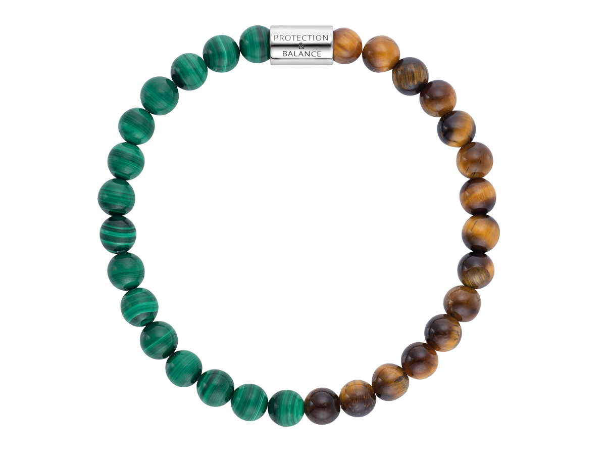 Engelsrufer ERB-HEAL-ML-TE-S HEAL Armband mit Malachit und Tiger Eye in Silber rhodiniert, zeigt eine harmonische Anordnung aus grünen und braunen Perlen für Schutz und Balance.