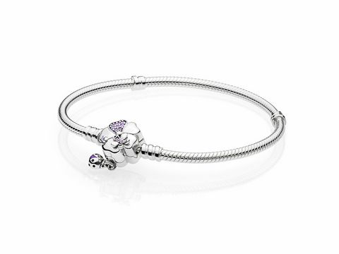 Schmuckbild eines Pandora Moments Silber Armbands mit Wildflower Meadow Verschluss, Länge 23 cm, verziert mit floralem Charm und bunten Akzenten.