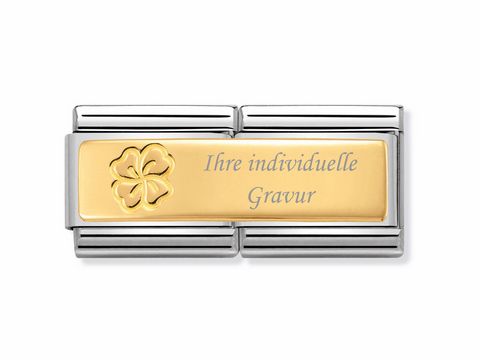 Kleeblatt Anhänger aus Edelstahl und Gold mit individueller Gravur, Hersteller Nomination, Modell 030710 13 Double, elegantes Design und personalisierbarem Element.