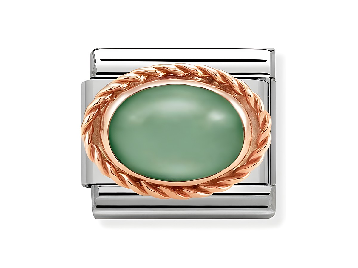 Elegantes Nomination Classic Roségold Element mit einem ovalen jadegrünen Stein und einer feinen Kordel, ideal für persönliche Schmuckkreationen.