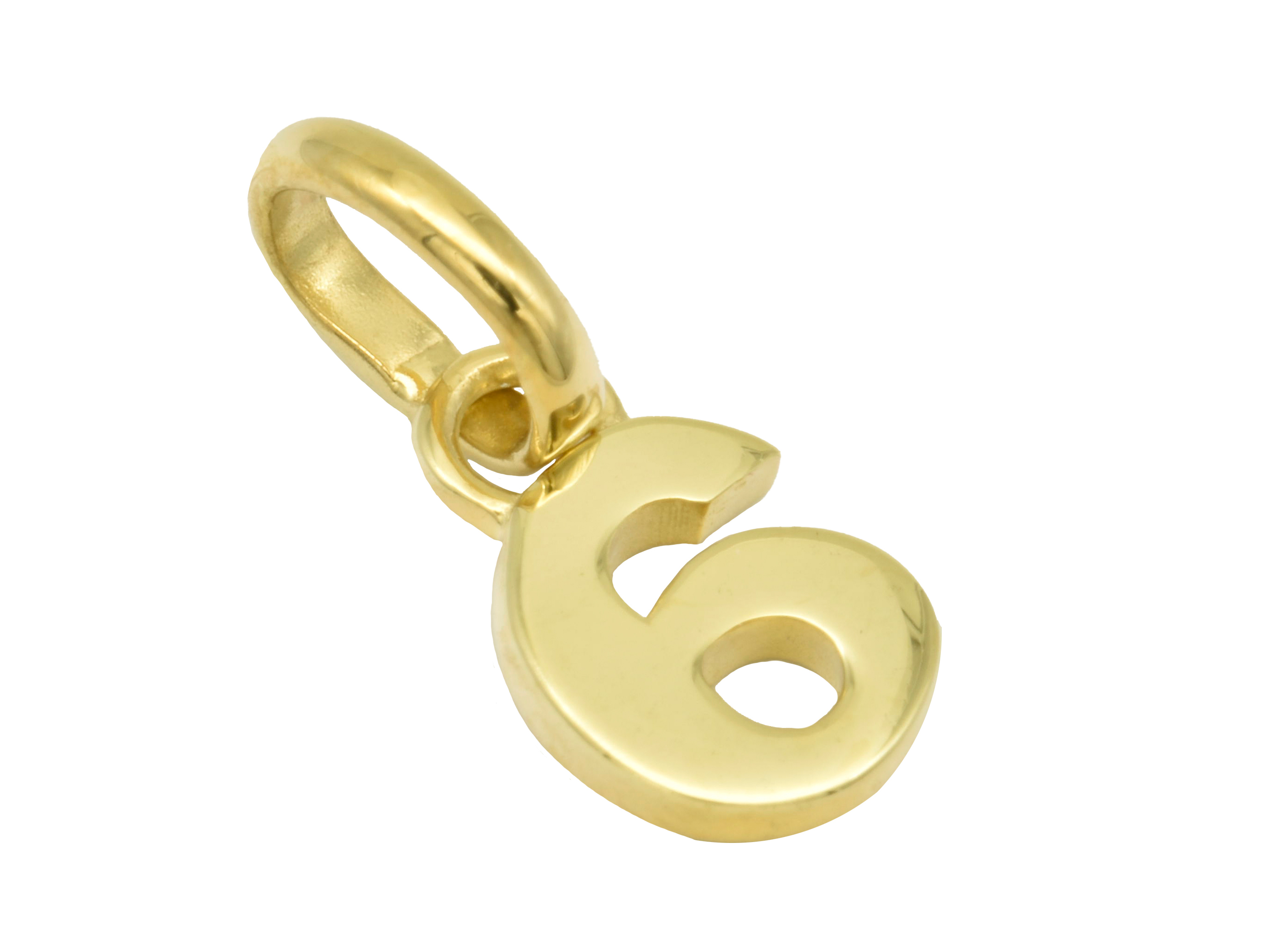 Silber Anhänger Zahl 6 aus Sterling Silber, gelbgold vergoldet und poliert, symbolisiert die Glückszahl, Hersteller Juwelier Harnisch, ideal für individuelle Schmuckstücke.