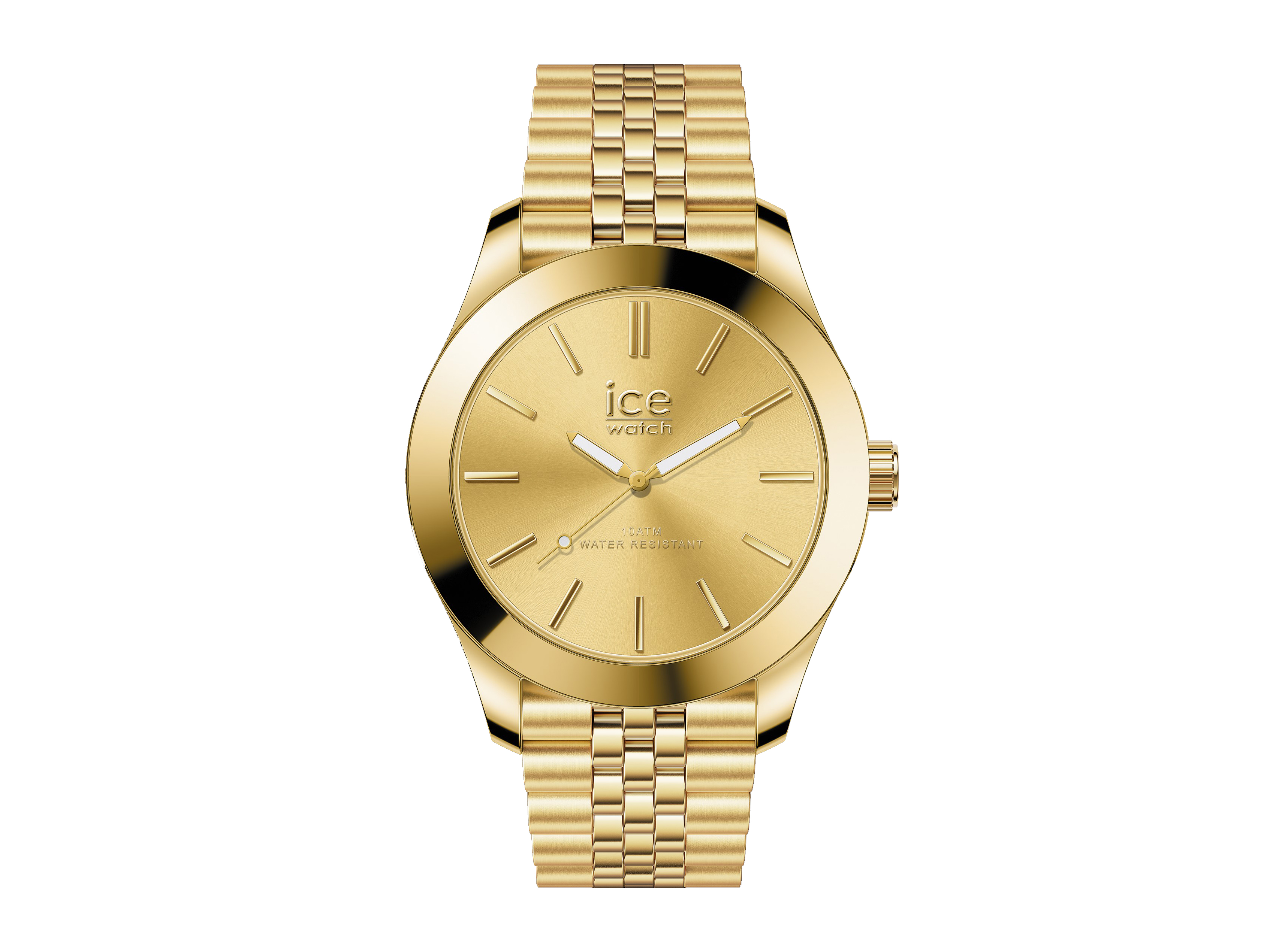 Eine elegante goldene Armbanduhr von Ice Watch mit einem goldenen Zifferblatt, minimalistischem Design und einem robusten Gliederarmband aus Edelstahl. Das Modell ist wasserdicht und strahlt Stil aus.