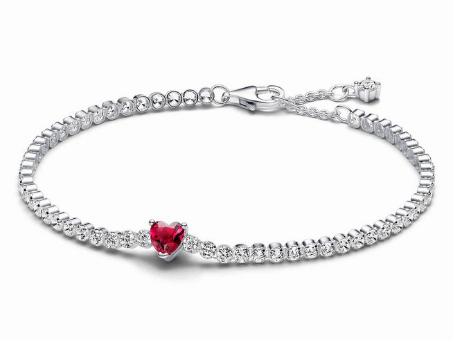 Rotes funkelndes Herz Tennisarmband aus Sterling Silber mit Steinmix in Rot und Kristallen, verziert mit einem herzförmigen roten Stein in der Mitte, elegantes Design für besonderen Anlass.