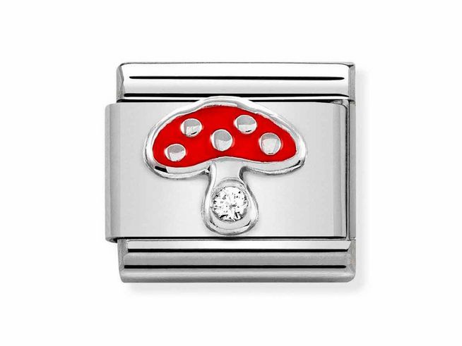 Motive von Nomination Classic Sterling Silber zeigt einen roten Pilz mit weißen Punkten und einem Zirkonia in der Mitte, stilvoll in ein elegantes Design integriert, ideal für individuellen Schmuck.