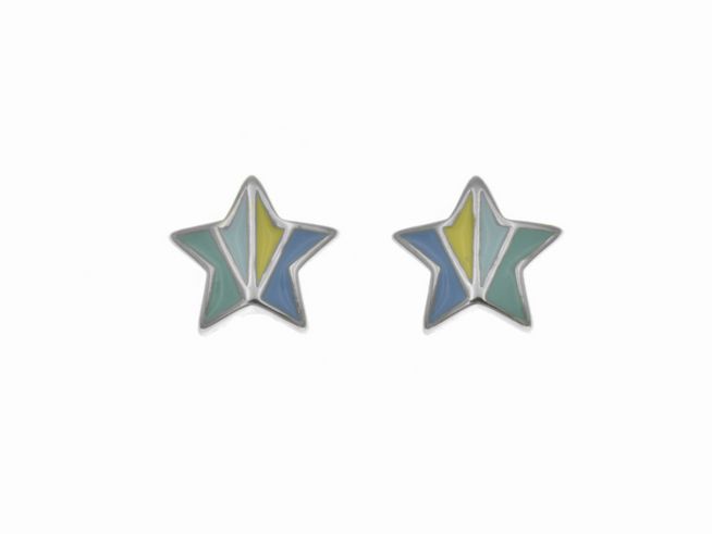 Ohrstecker aus Sterling Silber in Form von Sternen, poliert und rhodiniert, mit Lack in Türkis, blassblau, gelb und hellblau, Hersteller Juwelier Harnisch, ideal für Kinder.