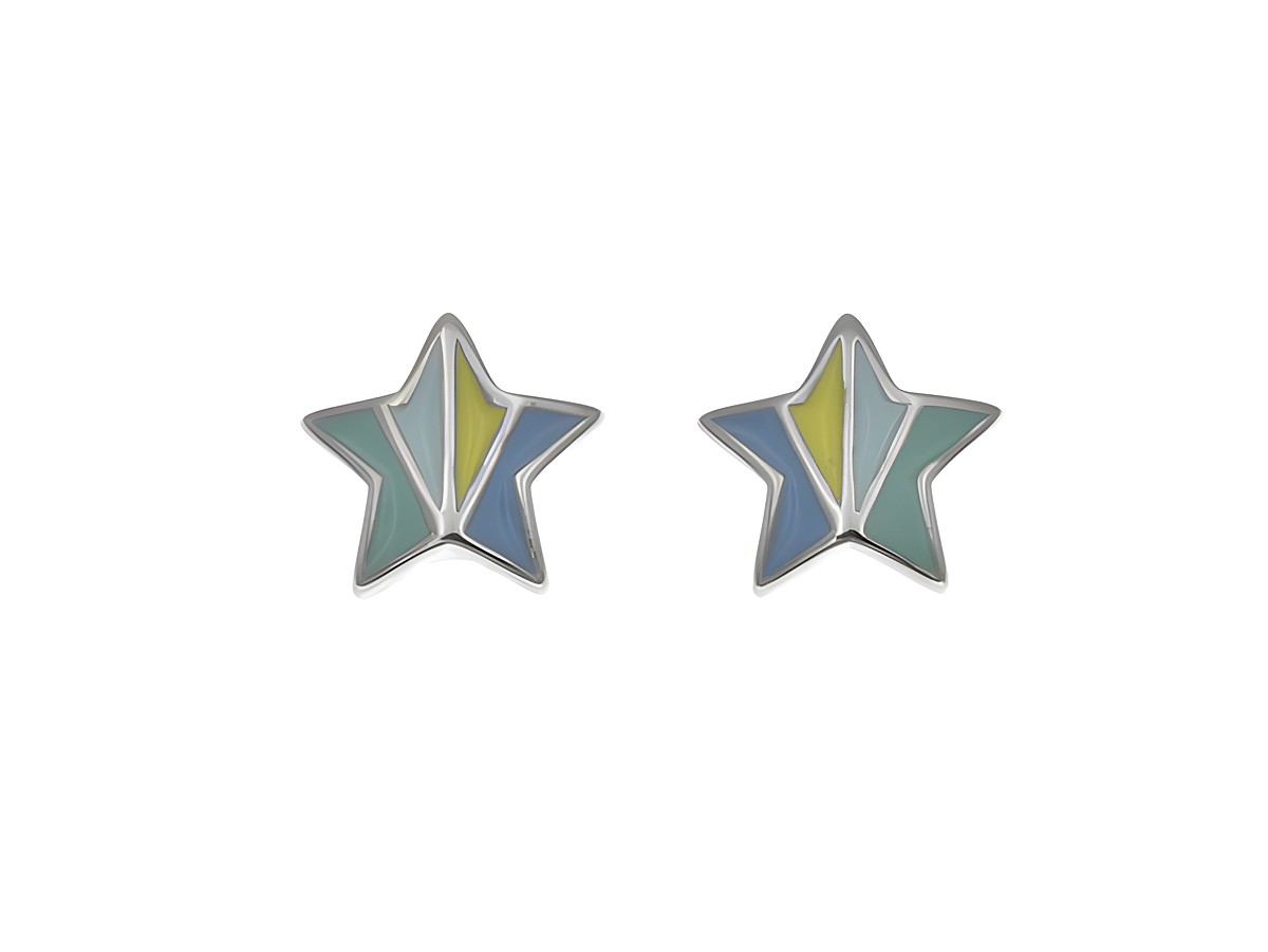 Ohrstecker aus Sterling Silber in Form von Sternen, poliert und rhodiniert, mit Lack in Türkis, blassblau, gelb und hellblau, Hersteller Juwelier Harnisch, ideal für Kinder.