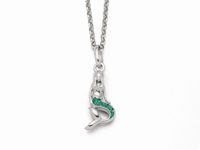 Sterling Silber Kette mit einem Anhänger in Form einer Meerjungfrau, die mit grünem Steinsand verziert ist, Länge 42 cm, formschöne und schlichte Erscheinung.