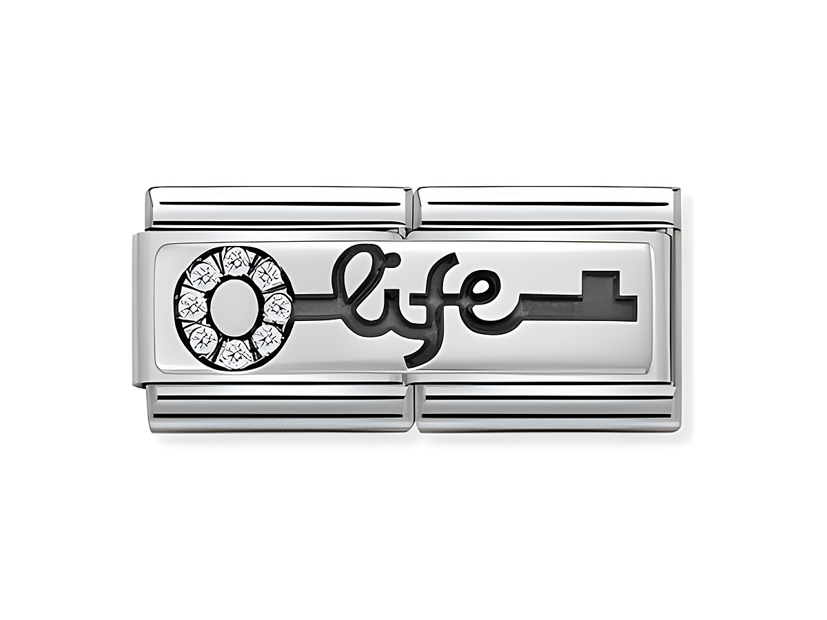 Der Schlüssel des Lebens Life von Nomination zeigt eine elegante Gestaltung mit dem Wort life und einem kreisförmigen Element, das von funkelnden Steinen umschlossen ist.