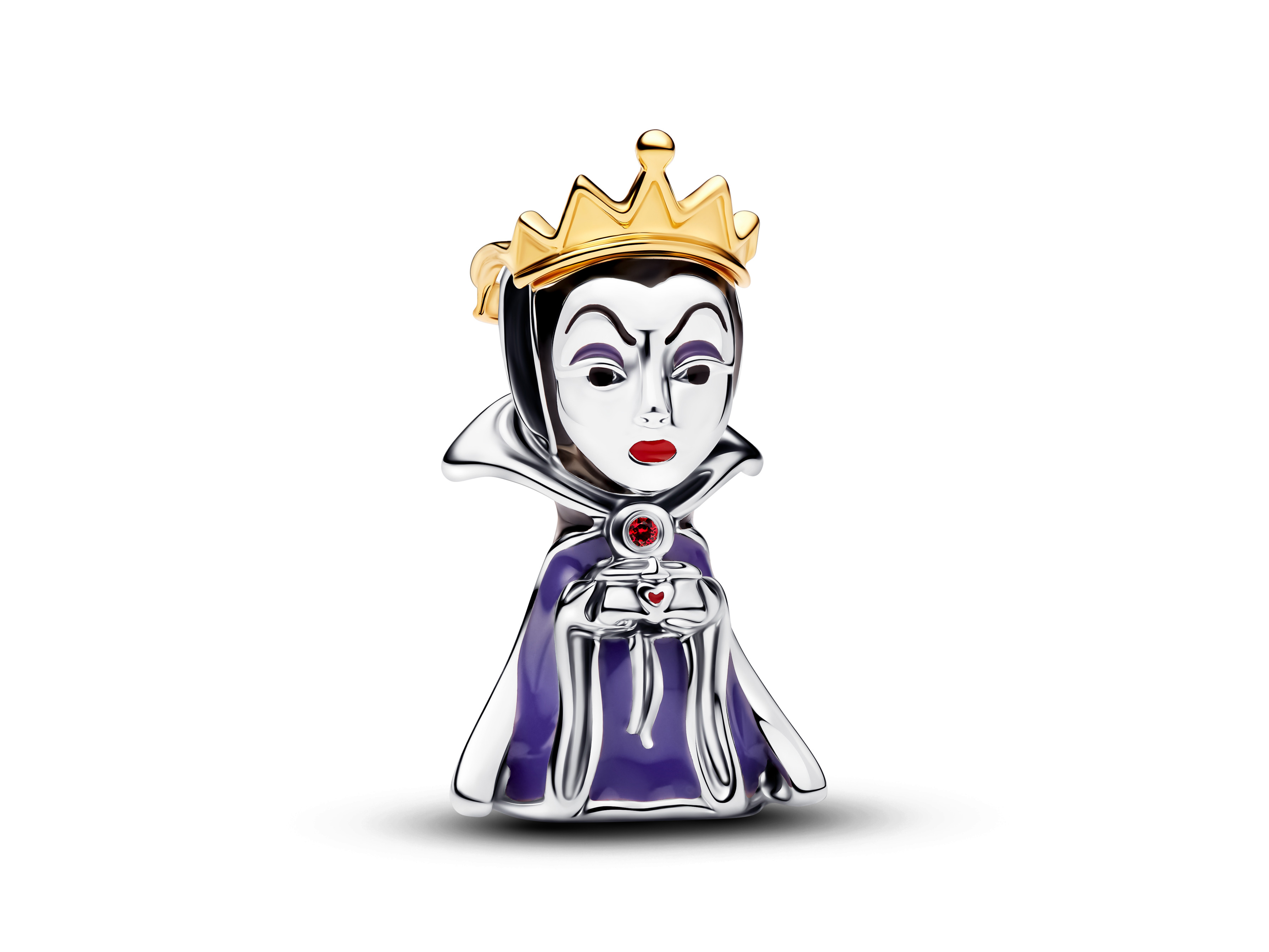 Charm der Böse Königin von Disney aus Silber mit gelbgoldener Vergoldung und lila Emaille, detaillierte Darstellung mit Krone und rotem Stein, neu von Pandora.