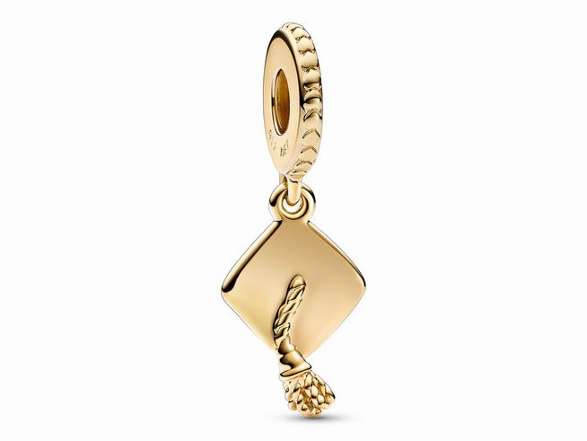 761892000-0 Charm-Anhänger in Form einer Schulabschluss-Mütze mit Quaste aus gelbgoldvergoldetem Material von Pandora, Modell 761892C00, ideal als Erinnerung an den Abschluss.