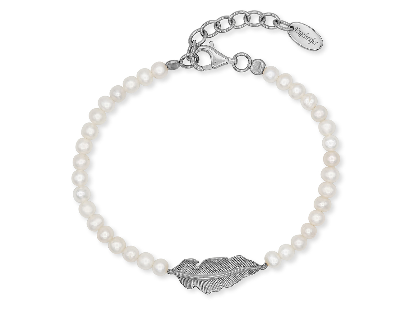 Engelsrufer ERB-GLORY-FEDER GLORY Armband aus rhodiniertem Silber mit einer weißen Zuchtperle und einem feinen Federanhänger, Gesamtlänge 17 cm.