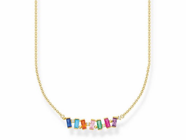Charming Kette von Thomas Sabo aus Sterling Silber, vergoldet in Gelbgold, mit bunten Glas-Keramik Steinen, synth. Korund und Zirkoni, elegantes Design, ideal für jeden Anlass.