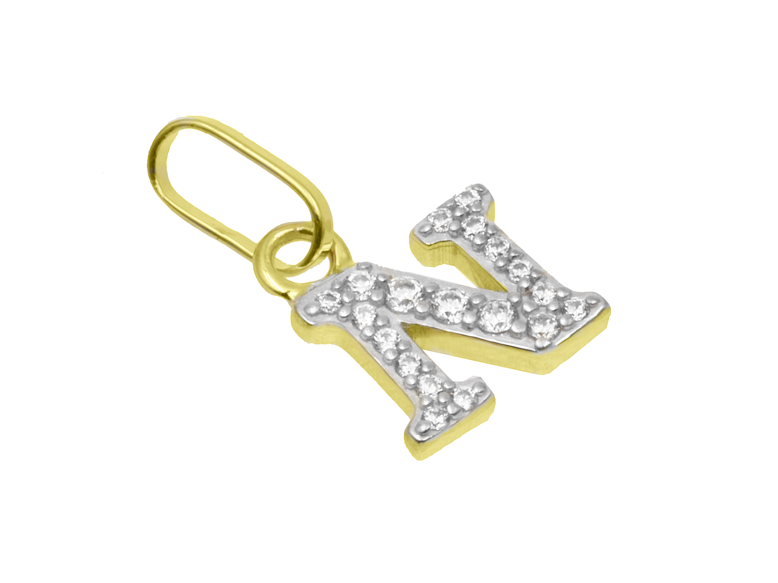 Buchstaben Anhänger - Buchstabe N - Sterling Silber Gelbgold Vergoldung - Zirkonia Buchstabenanhänger N aus Sterling Silber mit Gelbgold Vergoldung, verziert mit Zirkonia, hergestellt von Juwelier Harnisch. Elegantes und stilvolles Schmuckstück.