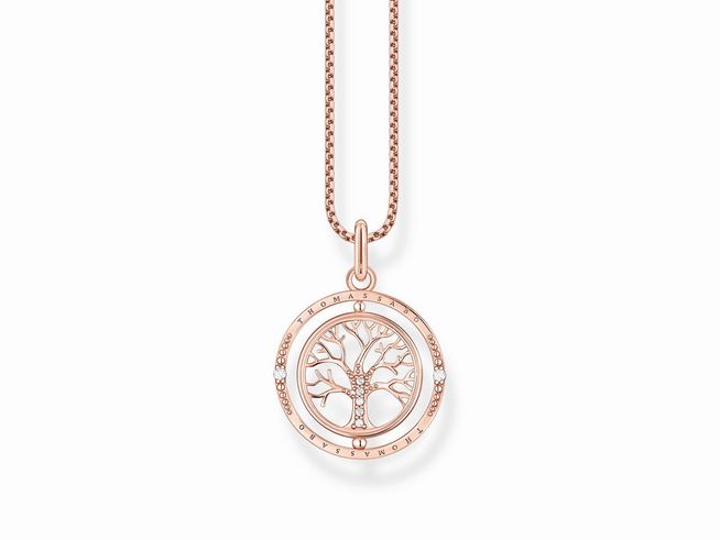 Thomas Sabo Kette KE2148-416-14-L45V mit vergoldetem Roségold Anhänger in Lebensbaum-Design, umrandet mit Zirkonia, hängend an einer feinen Kette von 45 cm.