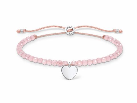 Silbernes Armband aus der Thomas Sabo Charming Collection mit einem Herzanhänger und rosa Nylon-Perlen, einstellbar von 13 bis 20 cm für einen eleganten Look.