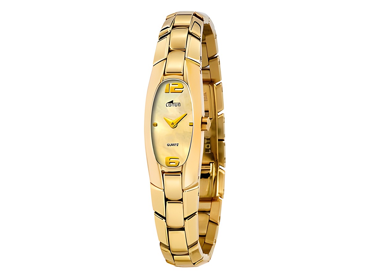 Lotus by Festina Uhr 15356/3 mit goldener PVD Beschichtung, cremefarbener Perlmutt-Zifferblatt, elegante Form, Zeitangabe mit Ziffern bei 12 und 6, zeitloses Design für Damen.
