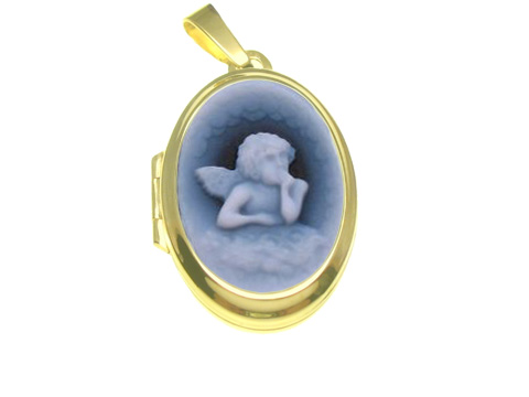 Schutzengel Engel Achat Gemme Medaillon in Gold 585, ovaler Anhänger mit detailreicher Darstellung eines Engels auf blauer Oberfläche, ideal als persönliche Erinnerung oder Geschenk.