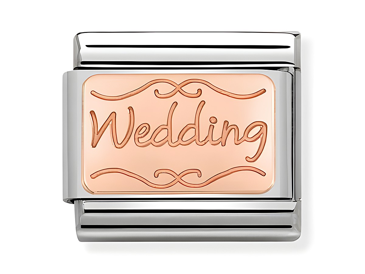 Roségoldene Classic Platte von Nomination mit dem Schriftzug Wedding für Hochzeiten, perfekt als Schmuckstück zum Festhalten besonderer Erinnerungen.