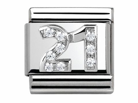 433030419-0 Silberner Charm mit der Zahl 21, verziert mit Zirkonia. Hersteller Nomination, Modell Silvershine Motive, ideal für Armbänder oder Sammlungen.