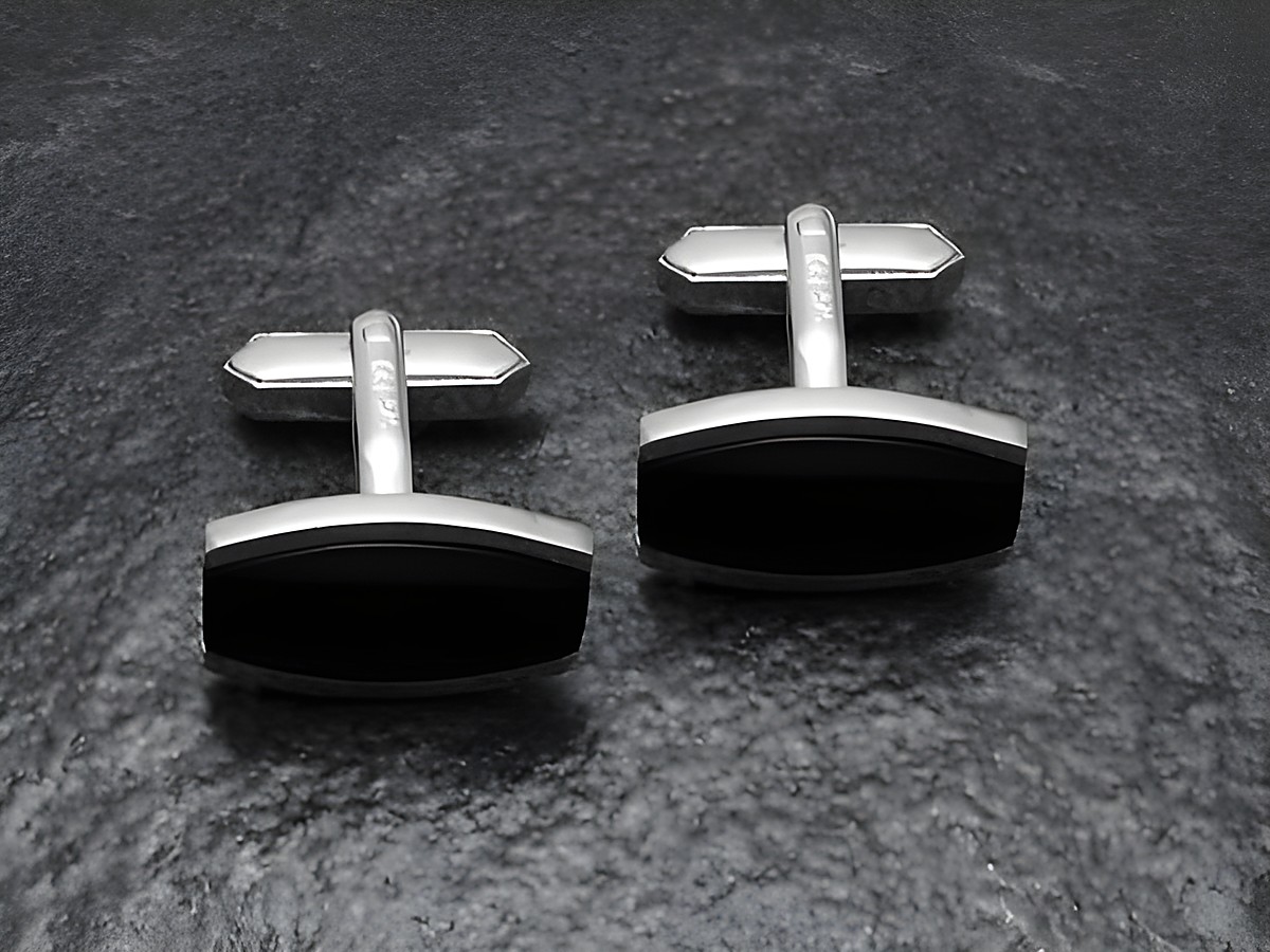 Manschettenknöpfe 925 Sterling Silber mit echtem Onyx, hergestellt von Juwelier Harnisch, elegantes Design mit echtem Stein, ideal für besondere Anlässe.
