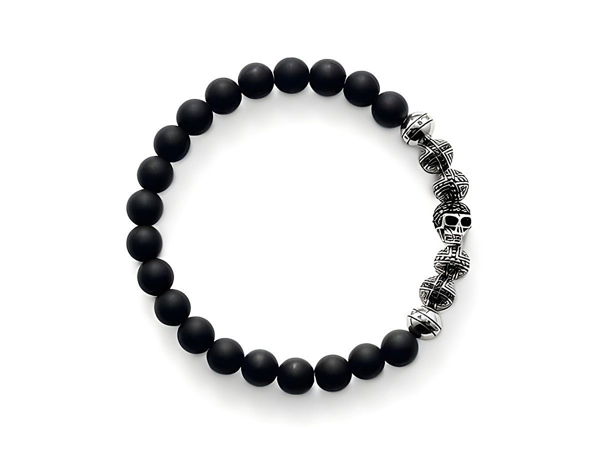 Thomas Sabo Armband aus Obsidian mit silbernen Akzenten und Zirkonia, ca. 19 cm lang, modisches Design mit Totenkopf-Element für einen modernen Look.