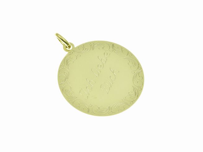 Runder Goldanhänger mit gravierter Platte "Ich liebe Dich" und filigranem Randdesign, hergestellt von Juwelier Harnisch, ideal als Geschenk oder persönliches Schmuckstück.