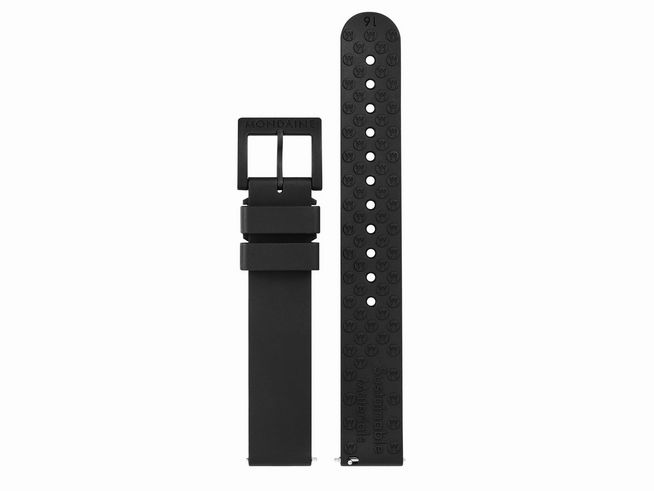 Kautschukarmband FPM.16916.22B.K von Mondaine in Schwarz, 16 mm breit, mit modernen Löchern für eine optimale Anpassung und eleganter Schnalle für stilvolle Uhren.