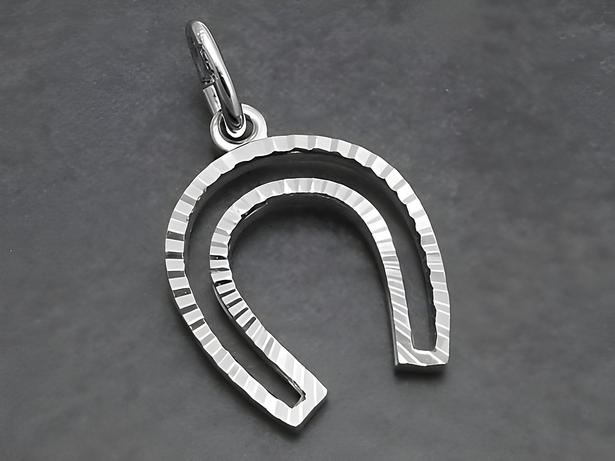 Silber Anhänger in Hufeisenform als Glücksbringer für Pferdefreunde, gefertigt von Juwelier Harnisch, elegantes Design, ideal für persönliche Glücksbindungen.