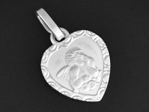Silber Anhänger in Herzform mit einem Engel und der Gravur Gott schütze dich, rhodiniert, flach, Hersteller Juwelier Harnisch.
