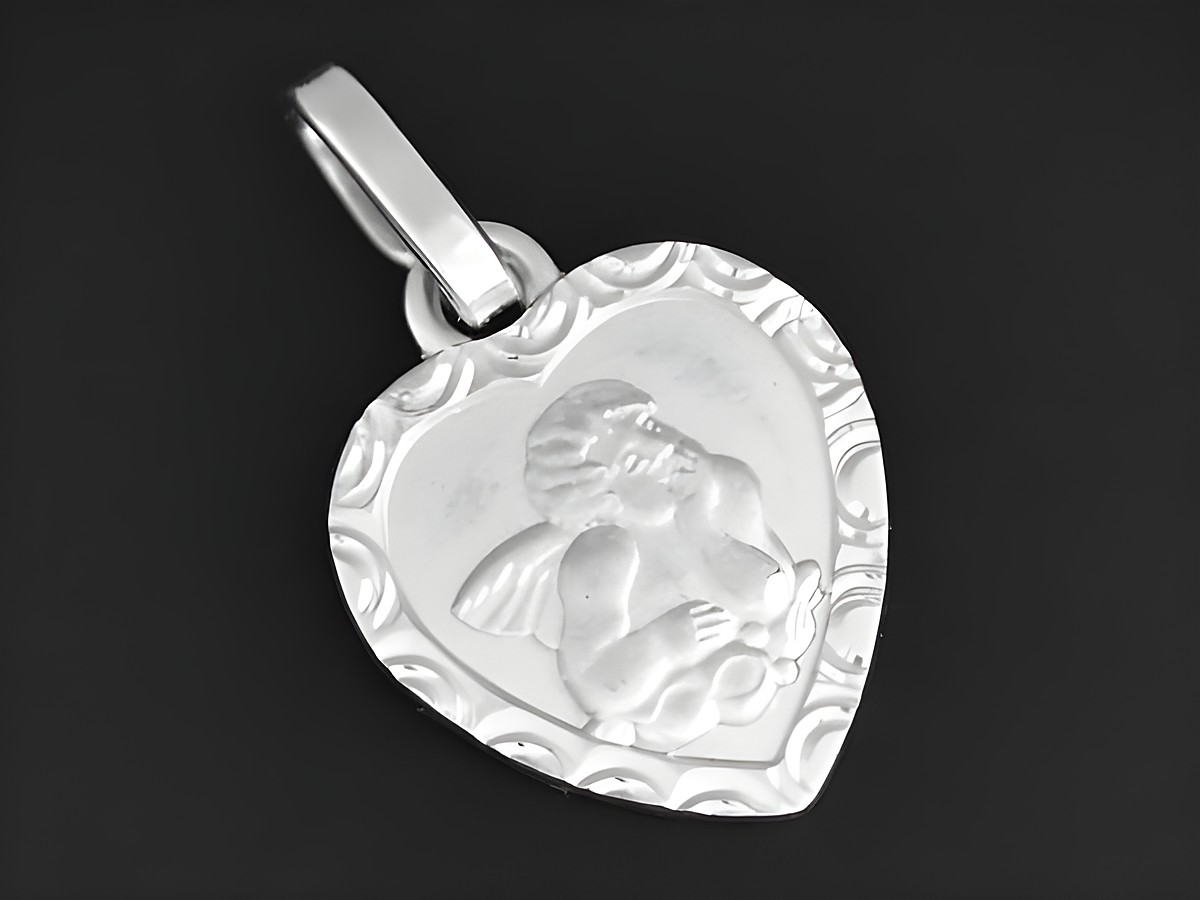 Silber Anhänger in Herzform mit einem Engel und der Gravur Gott schütze dich, rhodiniert, flach, Hersteller Juwelier Harnisch.