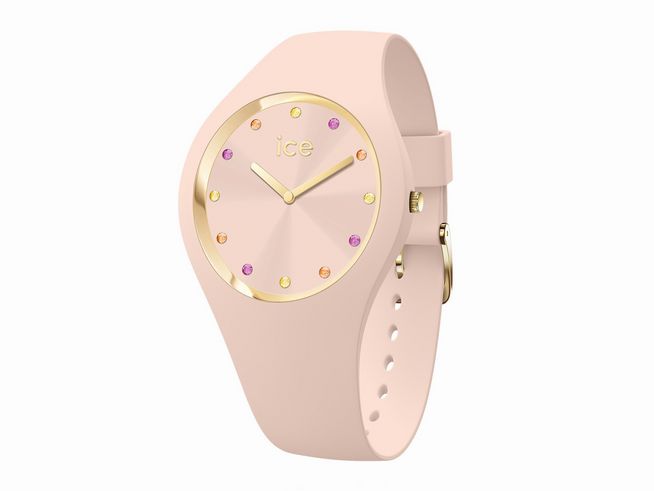 Ice Watch Uhr 022458 ICE cosmos Light Peach Small mit einem zarten peachfarbenen Gehäuse und Zifferblatt, verziert mit bunten Kristallen und goldenen Akzenten, Hersteller Ice watch, Neuheiten.