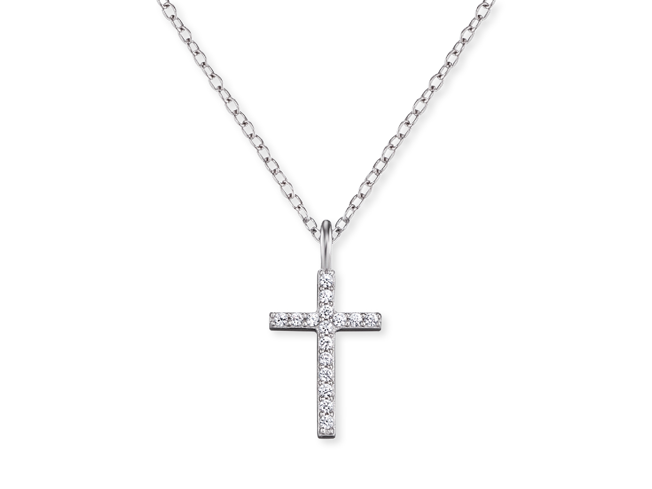 Silberne Kette mit einem funkelnden Kreuzanhänger, besetzt mit Zirkonia, rhodiniert und 38 cm lang, elegant und zeitlos. Ideal für jeden Anlass.