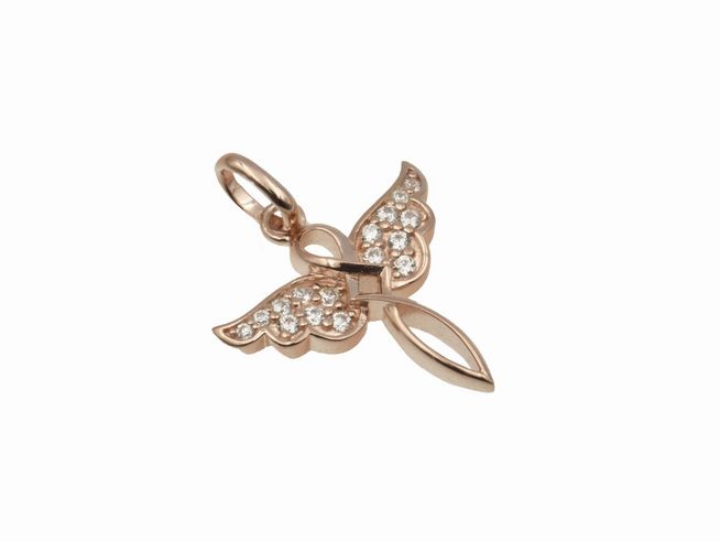 Anhänger Engel aus 925 Sterling Silber, poliert und roségold vergoldet, mit funkelnden Zirkonia besetzt, Hersteller Juwelier Harnisch, ideal als Schmuckstück für besondere Anlässe.