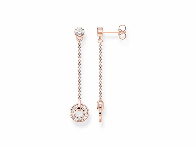 Ohrringe von Thomas Sabo aus vergoldetem Roségold mit Zirkonia in weiß. Elegant gestaltete Ohrhänger mit einem funkelnden Stein und einem dekorativen Element.