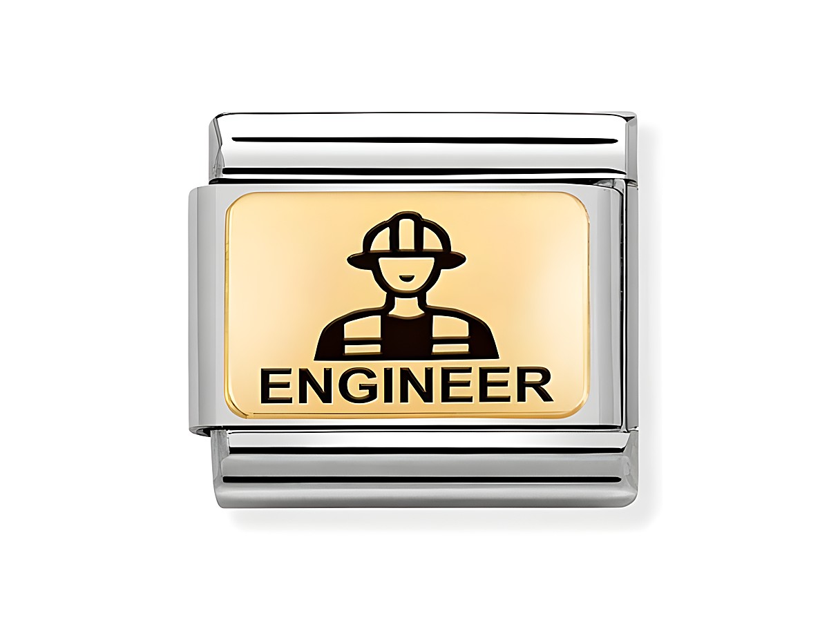 Ein charm von Nomination Classic Gold 030166 19 aus Edelstahl und 585 Gold, emailliert, mit dem Motiv eines Ingenieurs und dem Schriftzug ENGINEER.